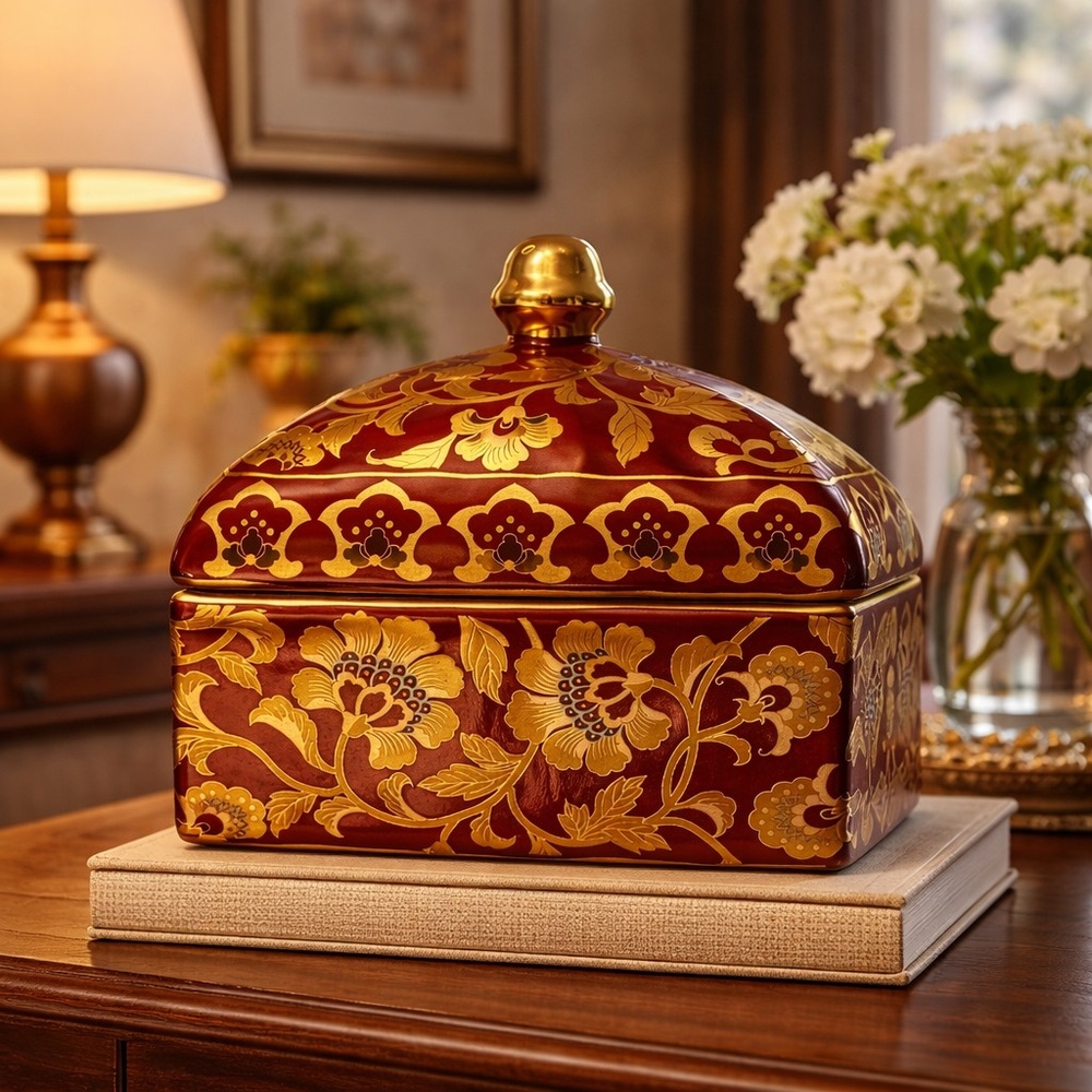 Vintage Decorative Accent Lotus Leaf Floral Jar with Lid Box#0229243